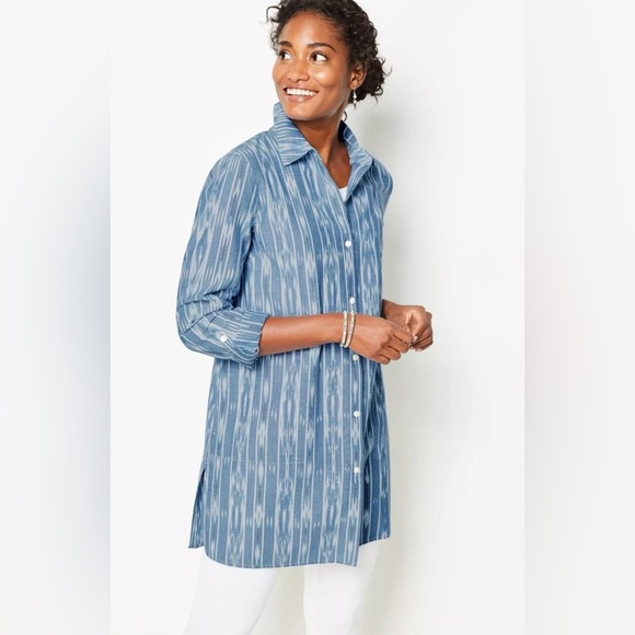 J. Jill Pure Jill Cotton Button Front Ikat Blue Tunic Top Size XL 3/4 Sleeve - Picture 13 of 15